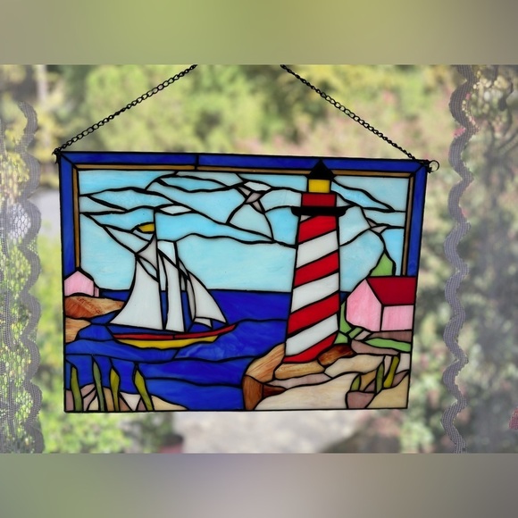 Hanging Rectangle Stained Glass Sailboat Lighthouse Nautical Harbor Scene 16x12” - Picture 4 of 11